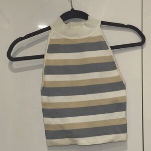 Aritzia Striped Halter Tank Top in Cream, Gray, and Tan
